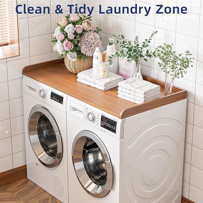 Washer Dryer Countertop, 54" Width x 27.5" Depth Laundry Countertop Organization, Wooden Washer and Dryer Topper for Folding, Sorting & Ironing, Easy to Install, Walnut