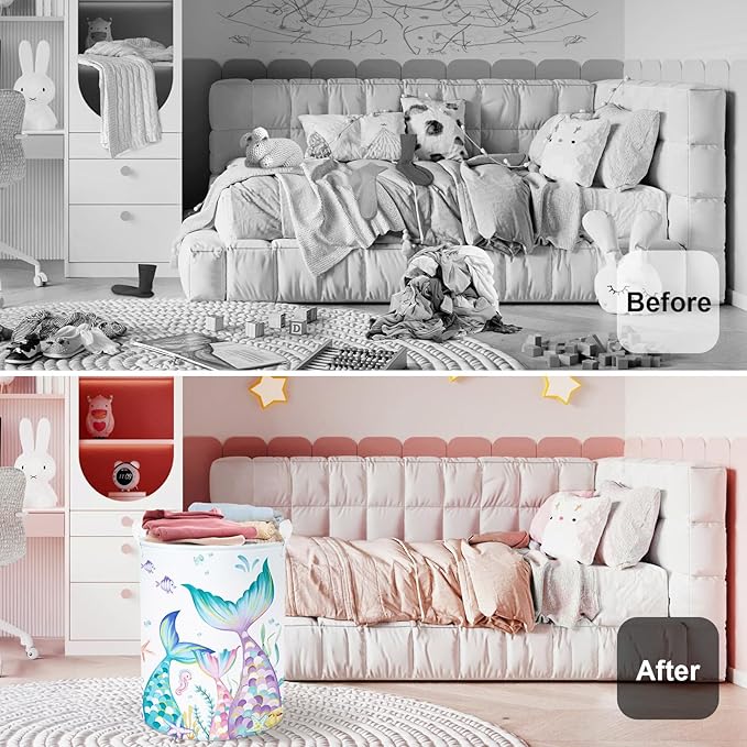 Fantasy Princess Laundry Hamper Colorful Large Storage Basket Collapsible Parents Organizer Kids Toy Clothes Bins for Bedroom, Bathroom, Mermaid, 63L