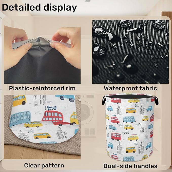 Laundry Basket, Cartoon Vehicles Foldable Canvas Toy Organizer with Handles, Heavy Duty for Home, Bedroom, Dorm, Bathroom, Large Storage Basket Home Decoration