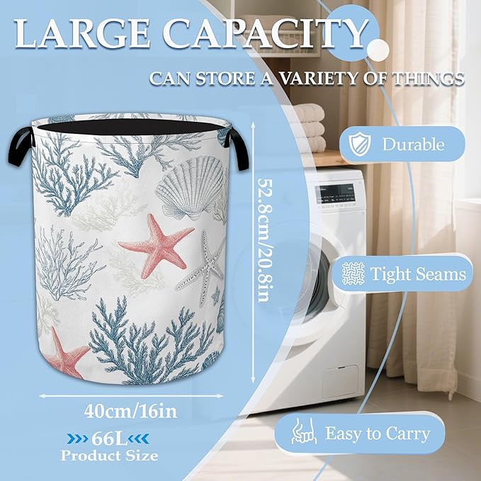 Seashell Starfish Ocean Laundry Basket Collapsible Laundry Hamper with Handle, Oxford Clothes Toy Storage Bin for Bathroom Bedroom Room Decor 16" X 20.8"