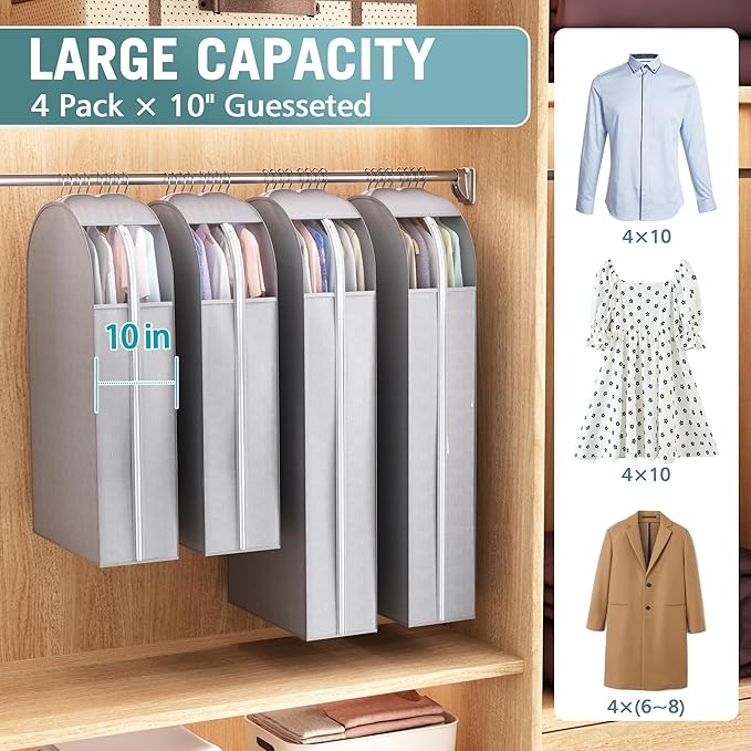 10" Gusseted Garment Bags for Hanging Clothes with Clear Window, 40" Suit Bags for Open Closet Storage, Clothing Cover for Coat, Dress, Jacket, Shirt, Fur Wardrobe Protector, 4 Packs