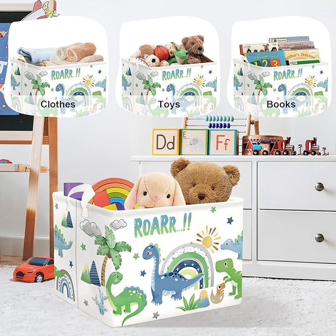 Dinosaur Laundry Hamper Large Storage Basket Cartoon Dino Collapsible Parents Organizer Kids Toy Clothes Bins for Bedroom, Bathroom, Palms, 36L