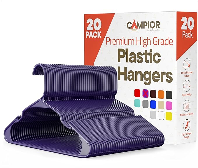 Purple Plastic Hangers 20 Pack– Heavy-Duty Plastic Hangers Slim and Space-Saving, Durable and Lightweight with Non-Slip Shoulder Notches for Slip Dresses, Suits, Jackets & Camisoles