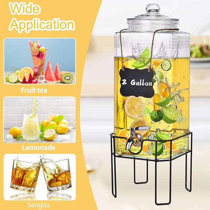 2 Gallon Glass Drink Dispenser, Drink Dispensers for Parties, Beverage Dispenser with Stand and Glass Lid, 100% Leakproof Spigot, Ideal for Lemonade, Juice, Laundry Detergent Dispenser