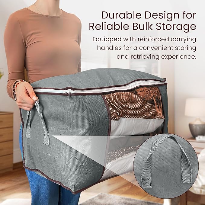 Reli. 90L Large Clothes Storage Bags (6 Pack) Closet Organizers and Storage Containers | Foldable Bins with Lids & Handles | Large Bags for Towels, Comforters, Blankets | Grey