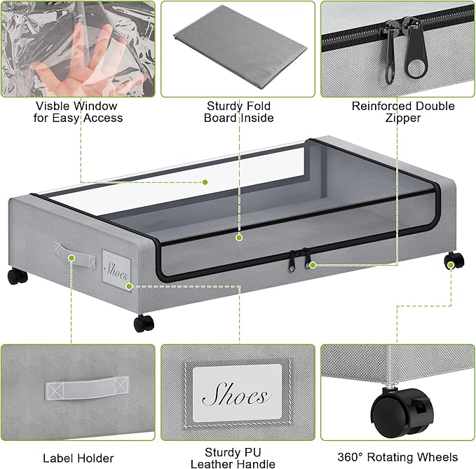 Under Bed Storage with Wheels, XXL 60L Under the Bed Storage Bins, Underbed Storage Containers with Lids & Label, Rolling Metal Drawer for Shoes, Clothes, Books, Toys (4-Pack Gray)