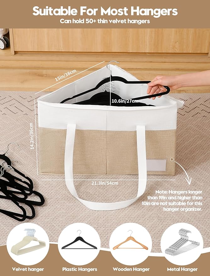 Beveetio 2-Pack Rigid Hanger Organizer Bags with Lid, Triangle Hanger Storage Organizers for Closet, Laundry Room, Wardrobe, Drying Rack, Dustproof Space Saving Holder, Beige & White