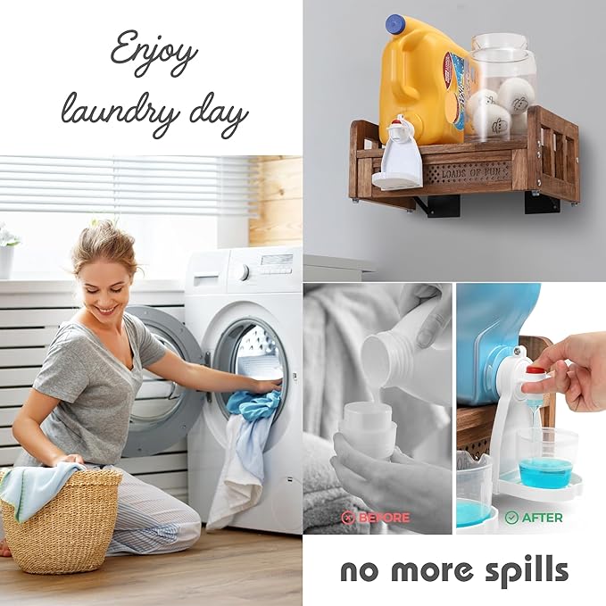 Besuerte Wood Liquid Laundry Detergent Holder, Detergent Dispenser for Laundry Room - Farmhouse Hanging Laundry Station Storage Laundry Detergent Stand Hold Two Laundry Bottles, Nut Brown