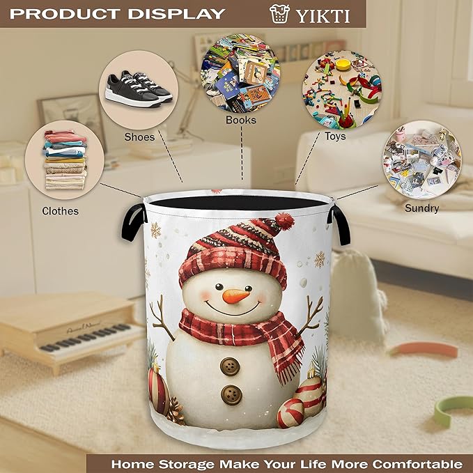 Christmas Snowman Laundry Hamper,Gold Snowflake Ornaments Clothes Hamper for Laundry,Waterproof Oxford Toy Storage Collapsible Hampers for Bedroom, Dorm Room,Bathroom,16x20 Inch