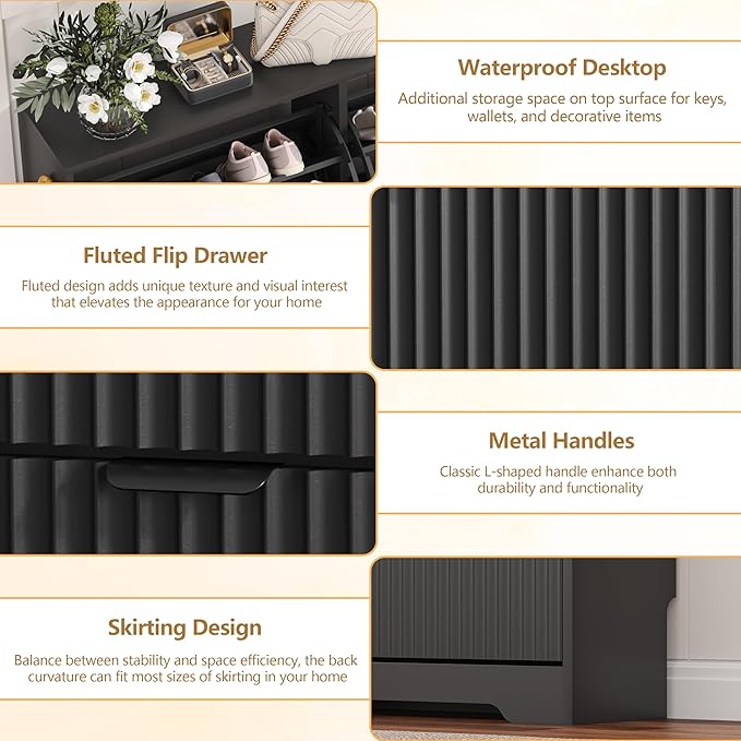 Shoe Cabinet Storage for Entryway with 6 Flip Drawers, Black Fluted Shoe Cabinet with Adjustable Shelves, Wooden Hidden Shoe Rack Freestanding Narrow Slim Shoes Storage for Hallway, Entrance