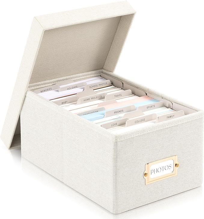 ZICOTO Decorative Photo Storage Box - Sturdy Linen Photo Organizer with Dividers is Perfect to Store Up to 850 Pictures and 4x6 Photos - Portable Scrapbook Storage Containers with Lid