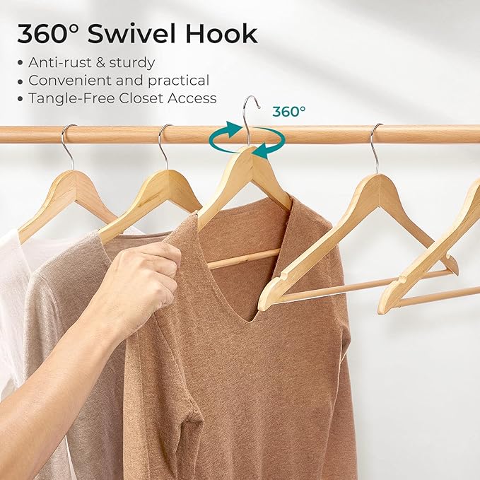 HOUSE DAY Premium Wooden Coat Hangers 30 Pack, Heavy Duty Solid Wood Clothes Hangers with 360° Swivel Hook & Pant Bar for Jackets, Dress, Shirts, Natural Wood Suit Hanger for Closet Organizer