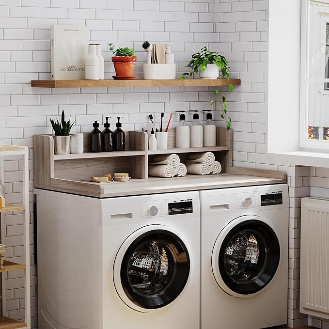 ChooChoo 2-Tier Washer Dryer Countertop with Adjustable Shelf, Spacious Laundry Room Storage for Folding Clothes and Efficient Organization, Oak