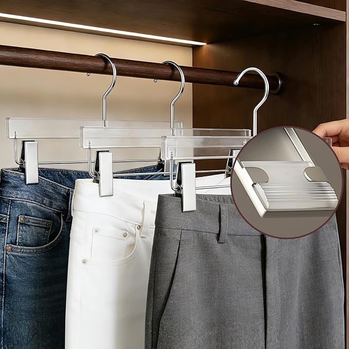 Besser Acrylic Pants Hanger 10 Pcs,Clear Acrylic Hangers with Bright Silver Clips，Lxurious Skirt Pants Hangers Clips for Clothing Closet Storage