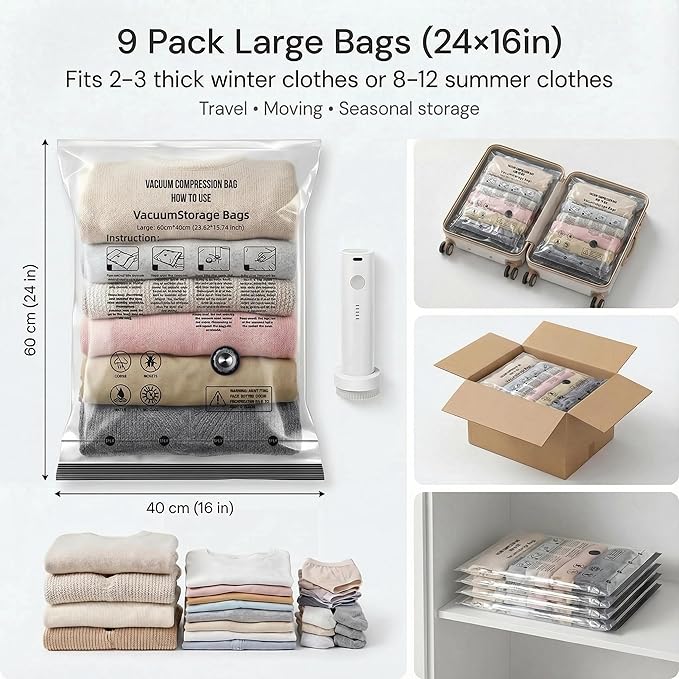 Vacuum Seal Bags for Clothing: 9 Pack Large Travel Vacuum Bags for Luggage with Rechargeable Electric Pump - Space Saver for Carry-On Packing