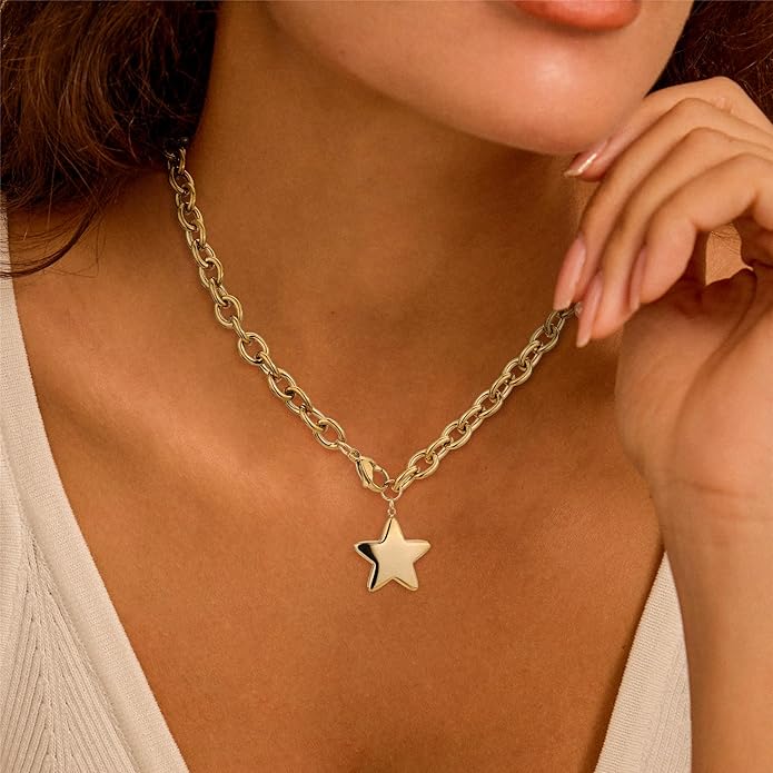 Chunky Gold Necklace for Women Gold Evil Eye Cowboy Pendant Necklace Dainty Paperclip Chain Vintage Luck Amulet Choker Necklaces Celestial Jewelry Gift