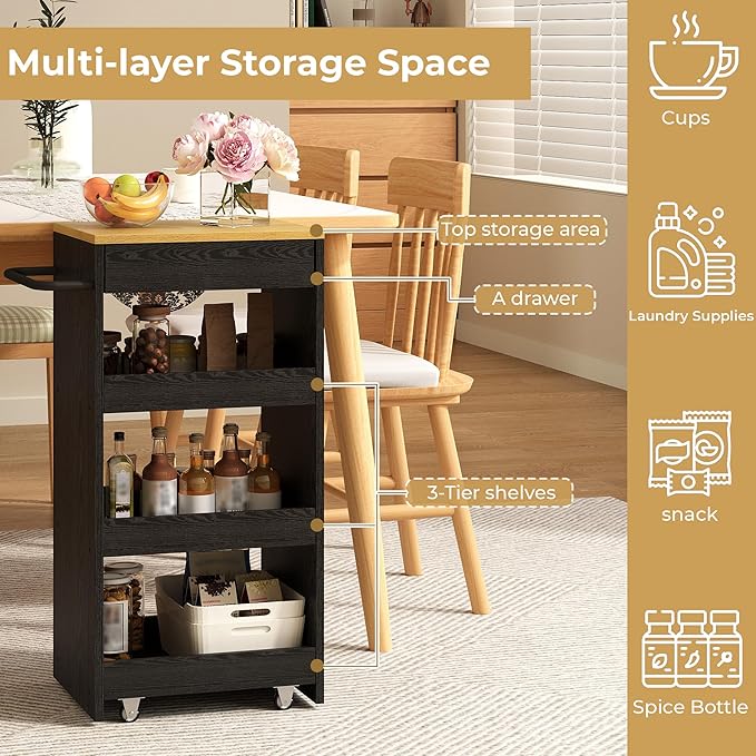 IRONCK Wood Storage Cart 15.8" W, 4 Tier Rolling Kitchen Cart on Wheels, Slide Out Utility Cart, Organizer Trolley with Handle, Drawer for Kitchen, Laundry, Bathroom, Black