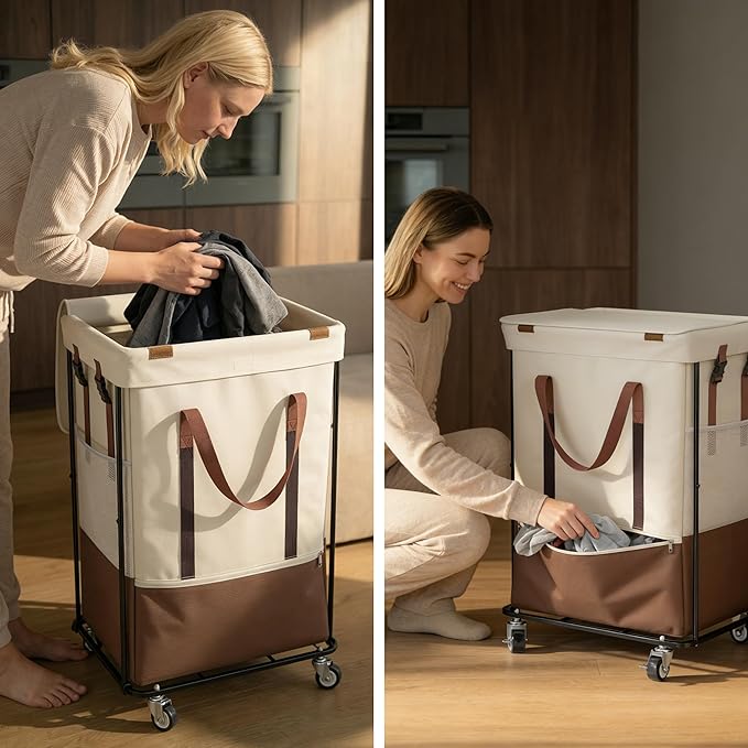 150L Rolling Laundry Basket with Wheels, Double Laundry Hamper with Lid and 2 Removable Bags, 2 Section Large Dirty Clothes Hamper for Laundry Room Bedroom Bathroom Dorm 19.7"Wx15.7"Dx31.9"H, White