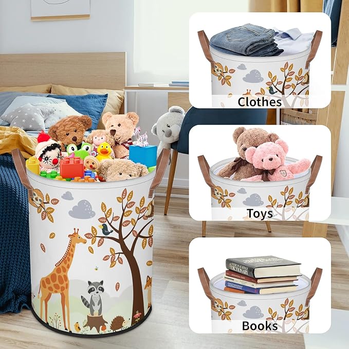 Kids Laundry Hamper Dirty Clothes Cute Animals Collapsible Polyester Sturdy Lightweight Storage Basket with Handles for Bedroom Bathroom Living Room