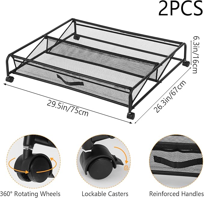 Under Bed Shoe Storage Organizer, 2-Pack Metal Mesh Storage Drawers with Wheels – Rolling Underbed Shoe Organizer for Space Saving Bedroom Organization (Black)