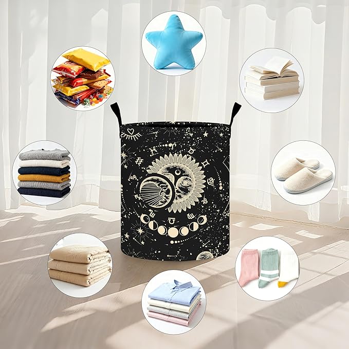 Sun Moon Laundry Basket Storage Bin Foldable Laundry Hamper Clothes Storage Bucket Organizer 19.6x15.7 Inch For Laundry Room/Bedroom/Bathroom