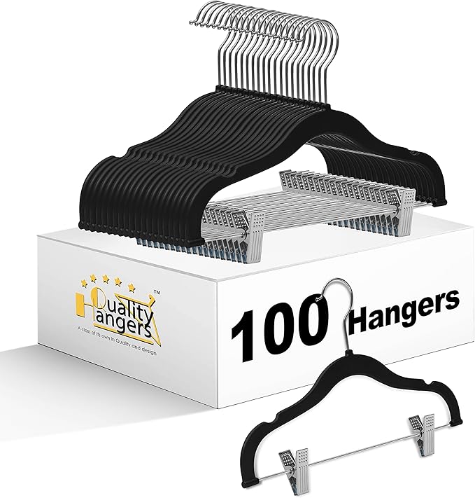 100 Quality Kids Plastic Non Velvet Non-Flocked Thin Compact Skirt Pant Coat Hangers with Metal Clips for Skirts Pants Blouses 360° Swivel Hook, Jacket, Shirt, Pants, Suit Hangers (Black, 100)