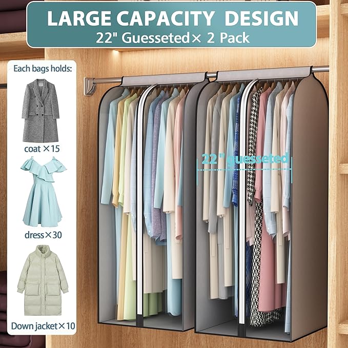 22” Gusseted Garment Bags for Hanging Clothes, Large Clear Window Clothes Cover for Closet Storage, Wardrobe Coat Protector for Suit, Shirt Long Dress, Bottom Enclosed, 2 Pack, 50” Long
