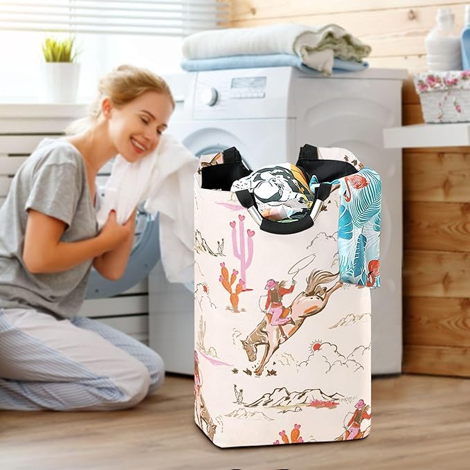 xigua Cute Rodeo Cowgirl Large Laundry Hamper with Handle, Foldable Clothes Hamper Collapsible Storage Basket for Toys and Clothes Organization in Bedroom, Bathroom, and Laundry Room