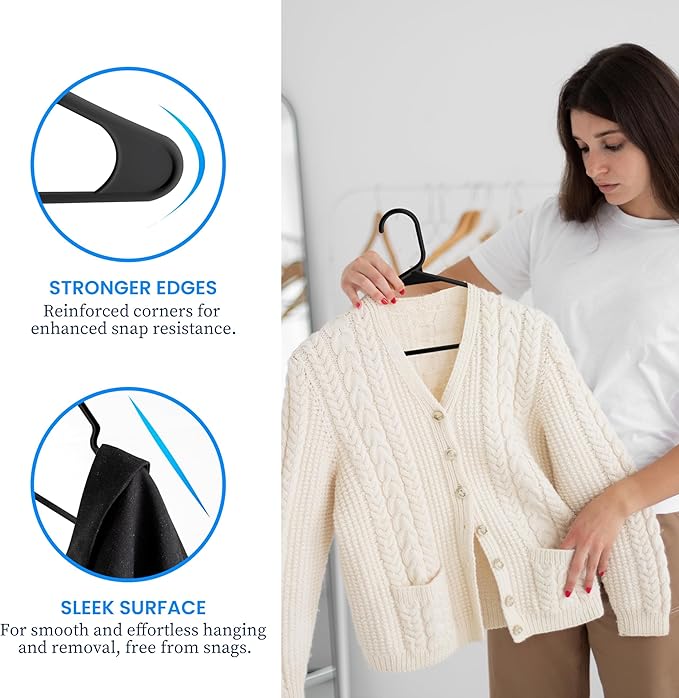 Simple Deluxe Plastic Hangers 50 Pack, Space Saving Clothes Hangers with Non-Slip Shoulder Notches, Lightweight and Slim Closet Hanger for Coats, Sweater, Shirts, Pants, Black