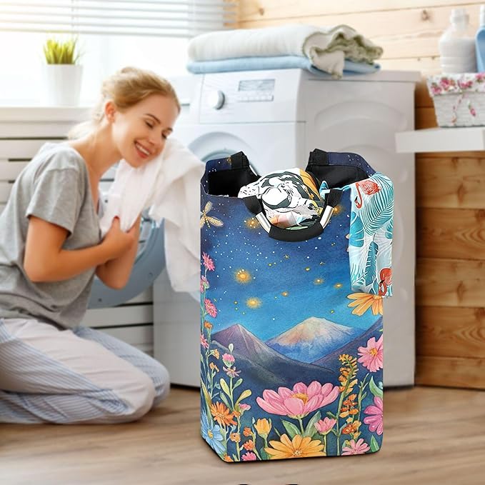 xigua Wildflowers with Mountains Large Laundry Hamper with Handle, Foldable Clothes Hamper Collapsible Storage Basket for Toys and Clothes Organization in Bedroom, Bathroom, and Laundry Room