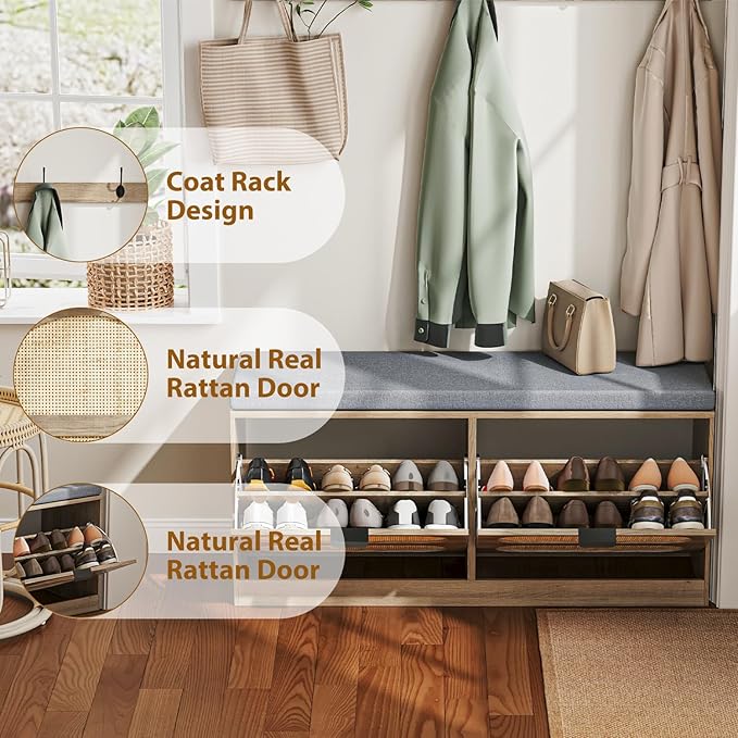 Rattan Storage Bench with Cushion & Coat Rack, Shoe Rack with 2 Flip Drawers, Narrow Shoe Storage Cabinet, Shoe Bench for Entryway, Living Room, Rustic Oak, Oval