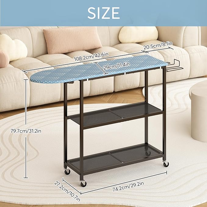 GILLAS Ironing Board with 2 Tier Storage Basket, Movable Ironing Board Full Size for Iron Rest & Clothes, Tabletop Ironing Boards, Ironing Stand Iron Boards Ironing Table Rustic Blue