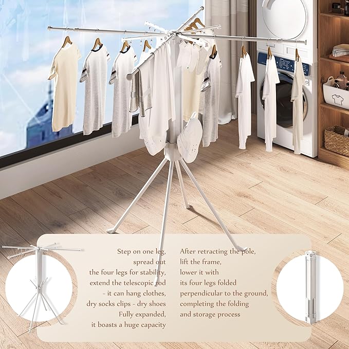 Four-Legged Clothes Drying Rack, Foldable & Collapsible Laundry Drying Rack, Drying Rack Clothing with Sock Clips & 4 Shoe Holders, Space-Saving Rack for Indoor and Outdoor Use
