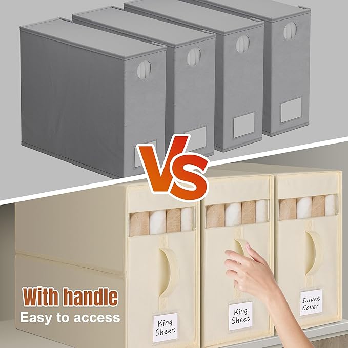 4 Pack Large Bed Sheet Organizers and Storage, (King & Queen Size) Sheet Organizer for Linen Closet, Foldable Bedding Storage Box with Window for Bedsheets, Blanket, Duvet Cover and Pillowcase