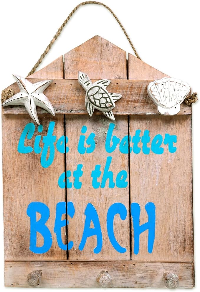 NOVICA Albesia Wood Sea Life Coat Rack Key Holder With Natural Agel-Grass Cord, 'Life Is Better At The Beach'