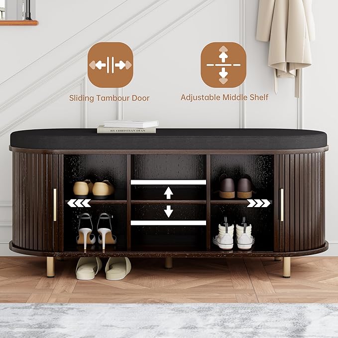 DHH 2-Tier Storage Bench, 43.3" Wide Shoe Bench with Thickened Padded Seat Cushion, Mid Century Modern Fluted Sliding Door and Adjustable Shelf, for Entryway, Living Room, Bedroom(Dark Walnut)