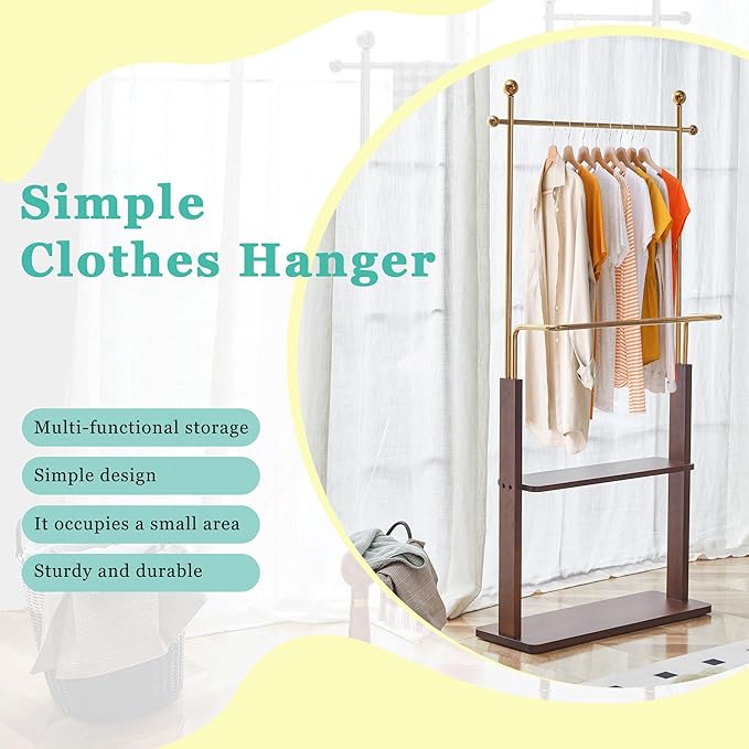 CHANCEE 68.9" Golden Stainless Steel and Walnut Solid Wood Double-Layer Coat Rack, Modern Freestanding Clothes Hanger with Storage Shelf, Multi-Functional Entryway Organizer Cabinet