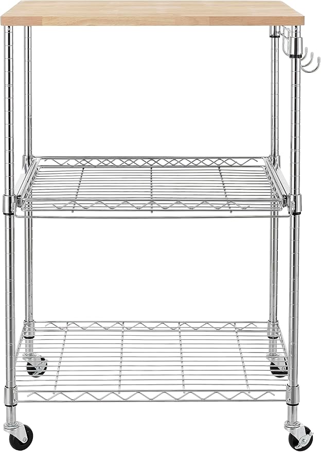 Finnhomy 3-Tier Rolling Kitchen Cart, Microwave Cart with Oak Wood Tabletop and Drawer Slider, Coffee Cart & Food Service Cart with Hooks, Chrome