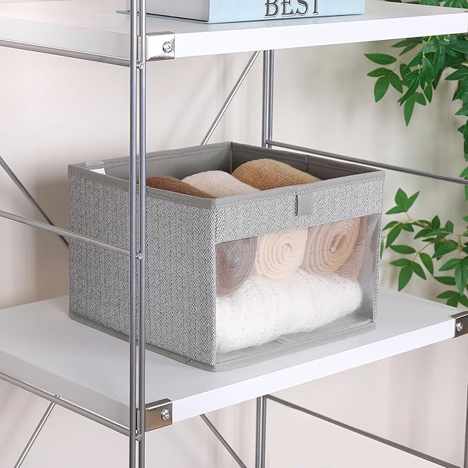 WUIKE Closet Storage Bins, Medium Storage Boxes with Clear Window, Fabric Storage Baskets for Organizing Clothes, Sheets, Blankets, Decorative Storage Bins, Herringbone Gray