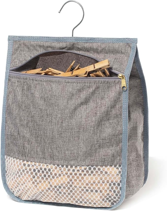 Laundry Clothespin Bag for Clothesline Outdoor, Clothes pin Bag with Zipper Closure, Large Opening, Large-Capacity Clothespin Storage Organizer with Hooks, Use YKK Zipper（Grey