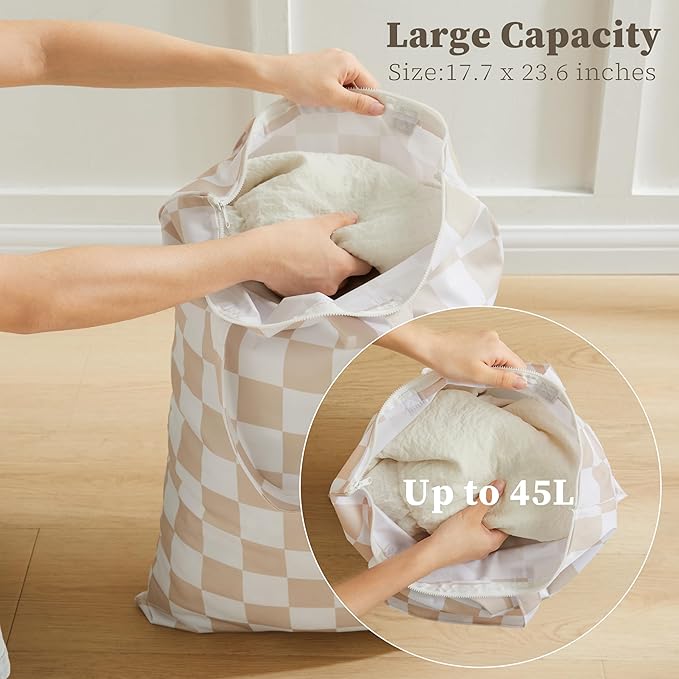 Checkered 2 Pcs Large Travel Laundry Bags for Dirty Clothes, Aesthetic Trendy Waterproof Washable Laundry Bag with Handle for Travel, Gym, Swimming Pool, Beige
