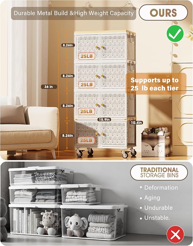 4 Tier Metal Storage Cabinet with wheels, Storage Bins with Magnetic Doors, Storage Cart for Living Room, Bedroom, Bathroom, Kitchen