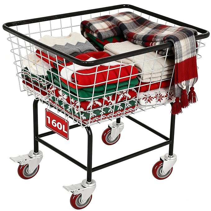 4.5-Bushel Rolling Laundry Cart with Wheels Durable Metal Wire Laundry Basket Heavy-Duty Large Steel Storage Basket with Galvanized Finish, for Commercial or Home Laundry Use
