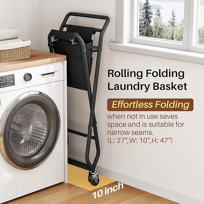 No-Bend Laundry Cart- Rolling Hamper with Locking Wheels & Handle, Foldable Basket Screw-Free Assembly, Durable Metal Frame & Removable Liner Bag for Bedroom & Bathroom (Black)