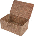 FEIALNDUO Wicker Shelf Baskets with Lid,Seagrass Storage Basket Bins Rectangular Handwoven Basket Boxes for Shelves Desktop Home Organizer (Coffee, Medium)