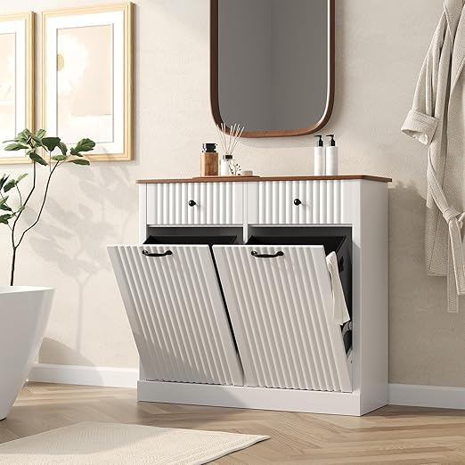 Fluted Tilt Out Laundry Hamper Cabinet, 10 Gallon Hidden Trash Can Cabinet, Wooden 2 in 1 Tilt Out Garbage Can for Kitchen, Bathroom (Antique White, Full)