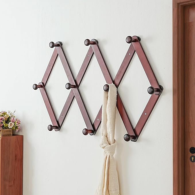 Dseap Expandable Coat Rack (Larger Version) - 24” High, Anti-Slip, Ultra Heavy Duty Wooden Accordian Wall Hanger with 10 Study Peg Hooks for Clothing Hats Jackets Bags, Cherry Red