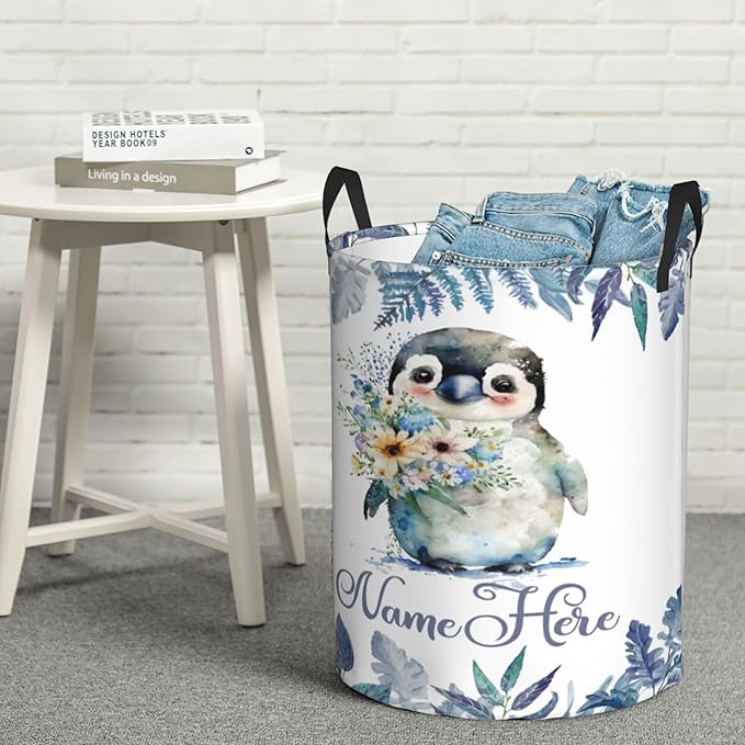 Personalized Penguins Laundry Basket For Baby Kids Boys Girls Adult Custom Hamper Basket With Name For Bathroom Bedrooms Collapsible Baby Laundry Basket, Dirty Clothes Hamper With Handles