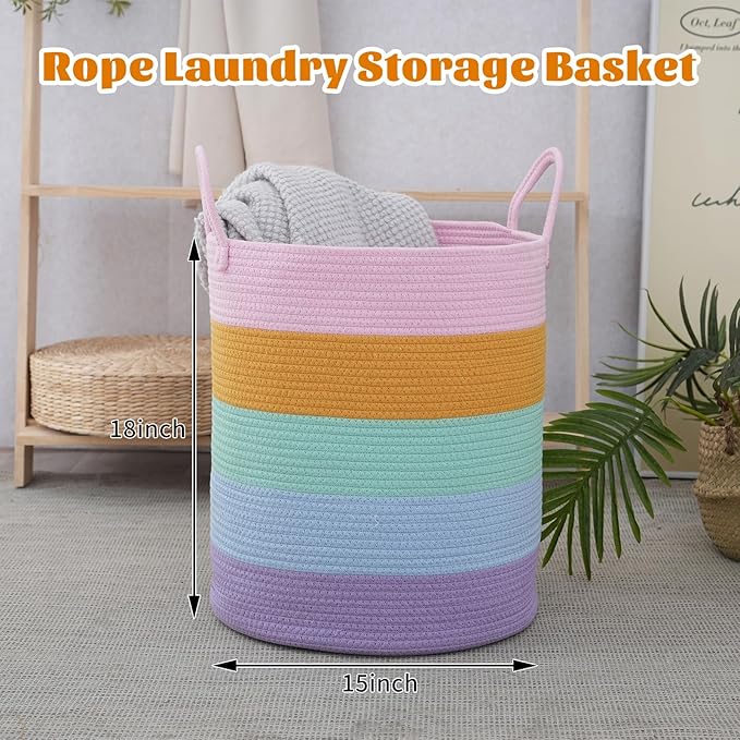 Woven Basket Nursery Laundry Hamper with Handles, Clothes Storage Organizer, Woven Basket for Boy Room Decor, Toy & Blanket Storage Bin, 15x15x18 Inch, Colorful, 1pc