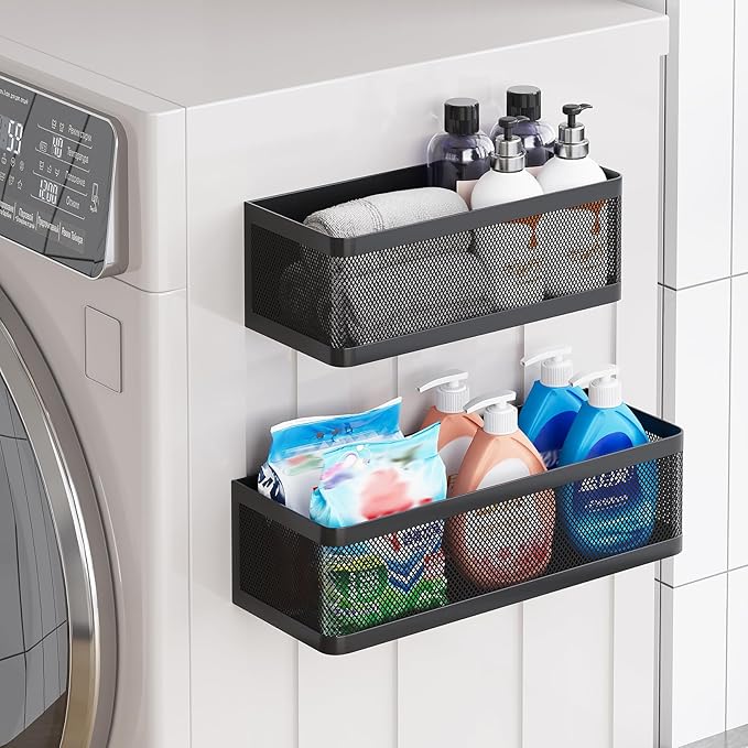 Magnetic Shelf for Washing Machine Laundry Room Magnetic Organizer Laundry Shelves Organizer Washing Machine Shelf Hanging Basket Storage Magnet Fridge Shelves (Black, L13.78in*W5.12in*H3.94in)